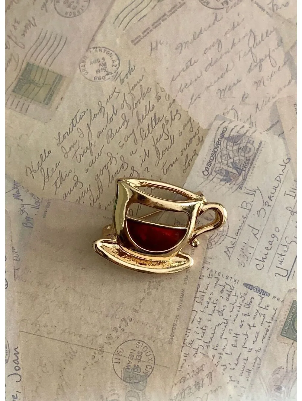 Cute Gold Tone Coffee Cup Pin Brooch with Amber Accent